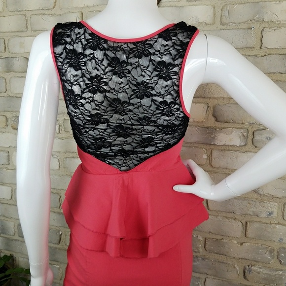 Peplum Dress Size M Black Lace Coral Peach - Picture 6 of 8
